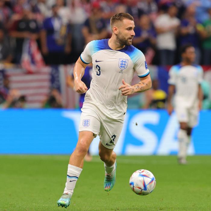 Luke Shaw of England dribbles the ball during the FIFA World Cup Qatar 2022