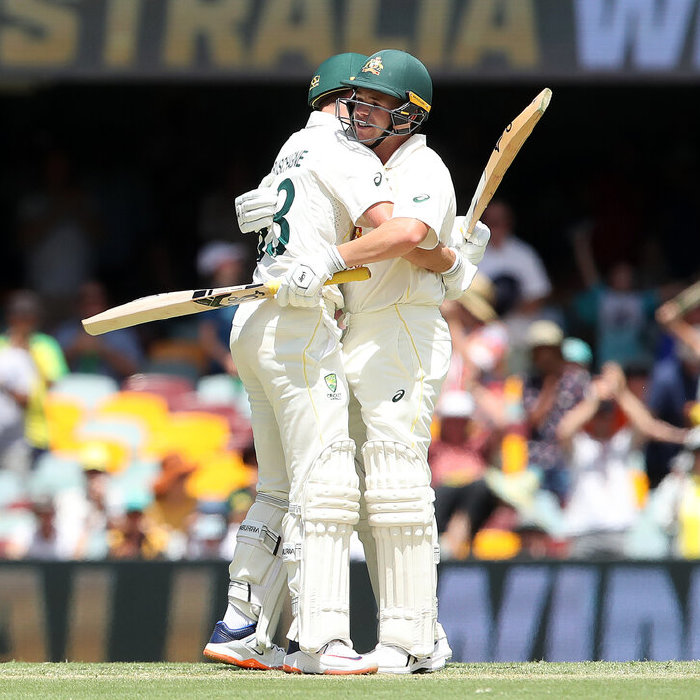 Marnus Labuschagne and Marcus Harris celebrate winning the first Ashes Test