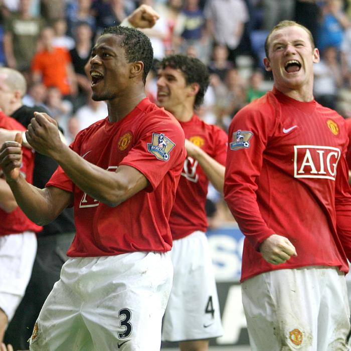 Patrice Evra and Wayne Rooney celebrate Ryan Giggs' goal for Man Utd against Wigan on the final day of the 2007/08 campaign