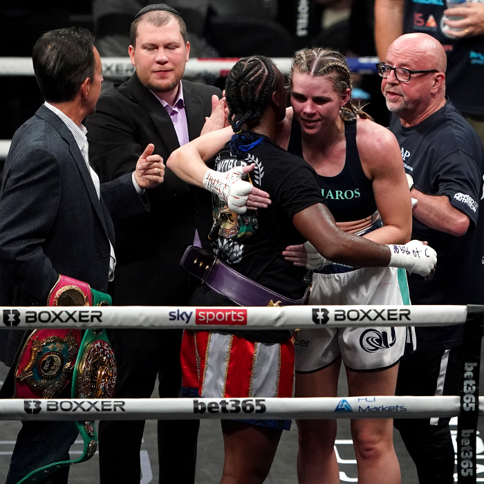 Savannah Marshall hug after the Undisputed World Middleweight Titles bout in which Claressa won at The O2, London - October 2022