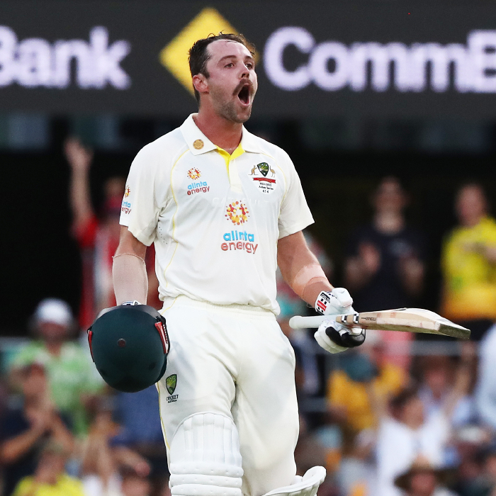 Travis Head celebrates his century against England in The Ashes